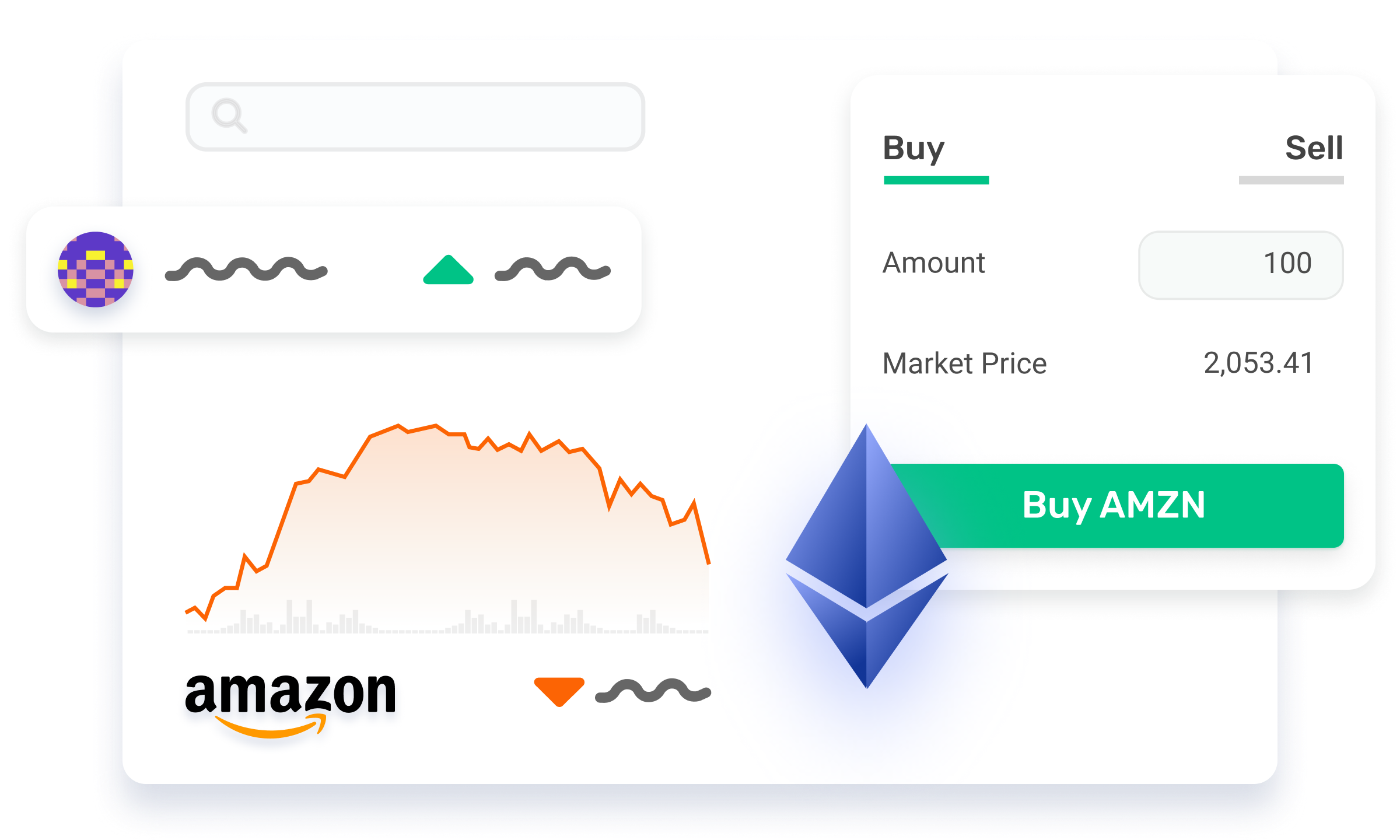 Morpher investment app mockup with focus on Amazon stock.