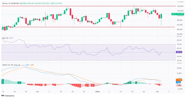 График BTC/USD с техническим анализом RSI, MACD