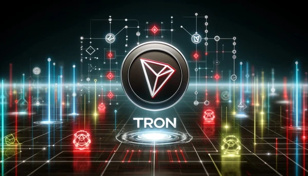 DALL·E 2024-06-03 17.38.41 - Une image visuellement engageante représentant le réseau blockchain TRON. Inclure le logo TRON de manière proéminente, avec des éléments numériques comme des blocs, des nœuds, et c