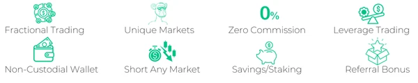 Características de Morpher, incluyendo trading sin comisiones, mercado único, bono de referencia, trading con apalancamiento.