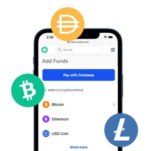 Crypto deposits on Morpher. Bitcoin Cash, Dai, and Litecoin logos.