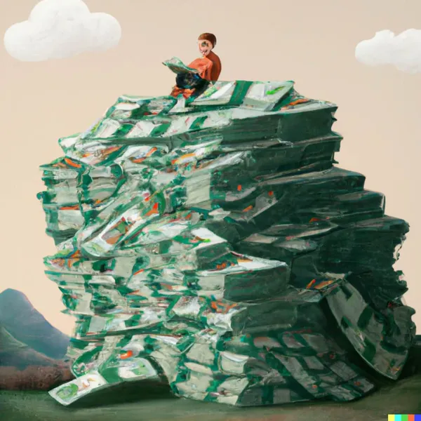 A person who reads a book on a huge pile of dollar bills, digital art
