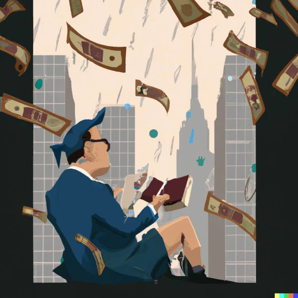 Una persona leyendo un libro con vista a Wall Street mientras llueve dinero, arte digital
