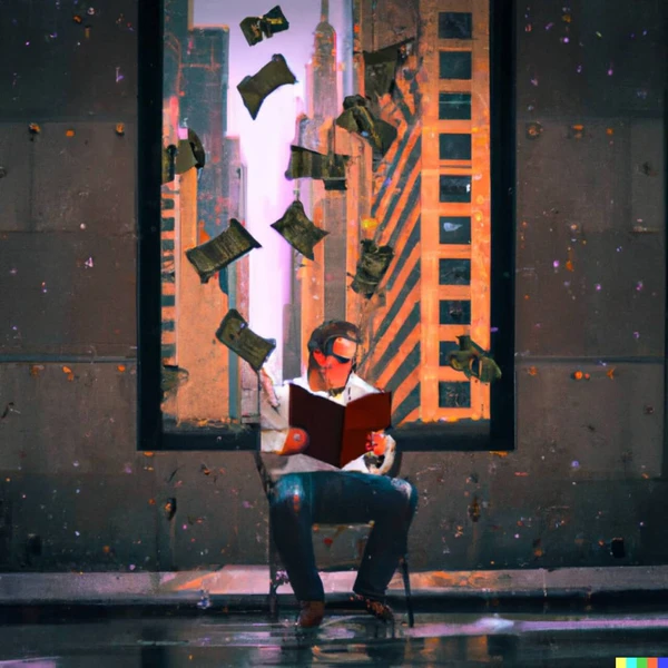 Una persona leyendo un libro con vista a Wall Street mientras llueve dinero, arte digital