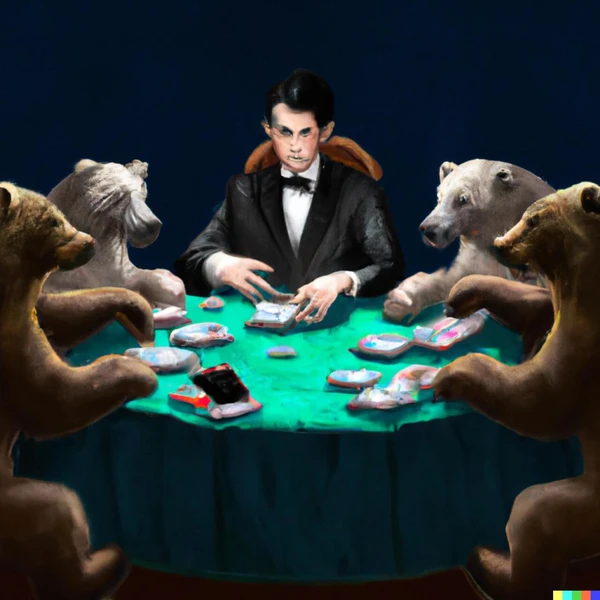 Eine Person in einem Anzug spielt Poker mit Bären, digitale Kunst