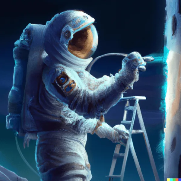 An astronaut painting digital bits on a canvas with a brush, digital art