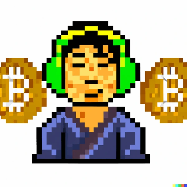 A Japanese person with headphones and a Bitcoin, Pixel Art