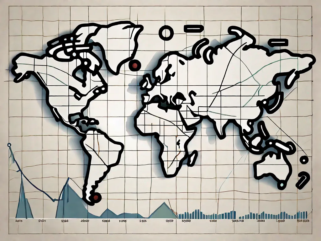 Un mapa global entrelazado con diversos símbolos de divisas y gráficos de bolsa para simbolizar el mercado mundial de acciones de divisas.