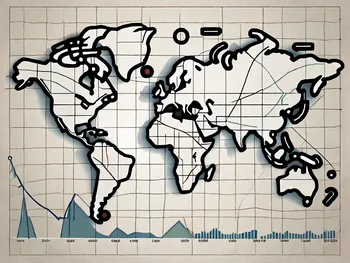 Un mapa global entrelazado con diversos símbolos de divisas y gráficos de bolsa para simbolizar el mercado mundial de acciones de divisas.