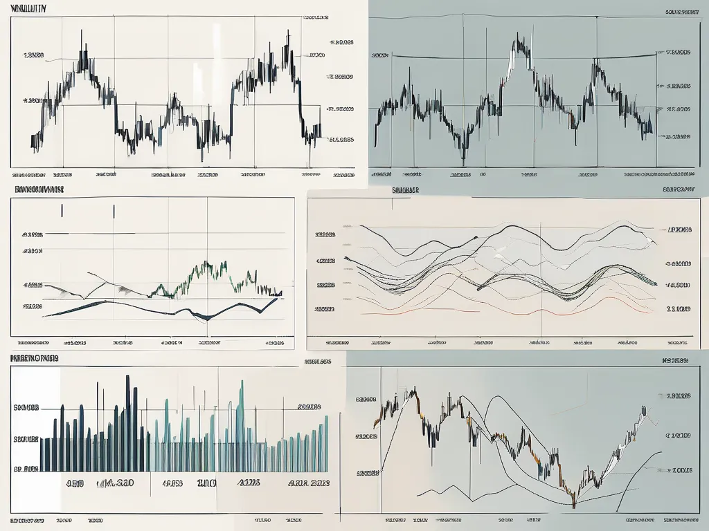 Divers graphiques financiers avec des lignes fluctuantes et différents indicateurs de volatilité comme les bandes de Bollinger