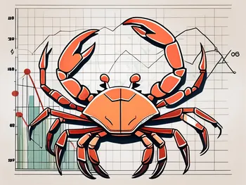 A stylized crab holding a key