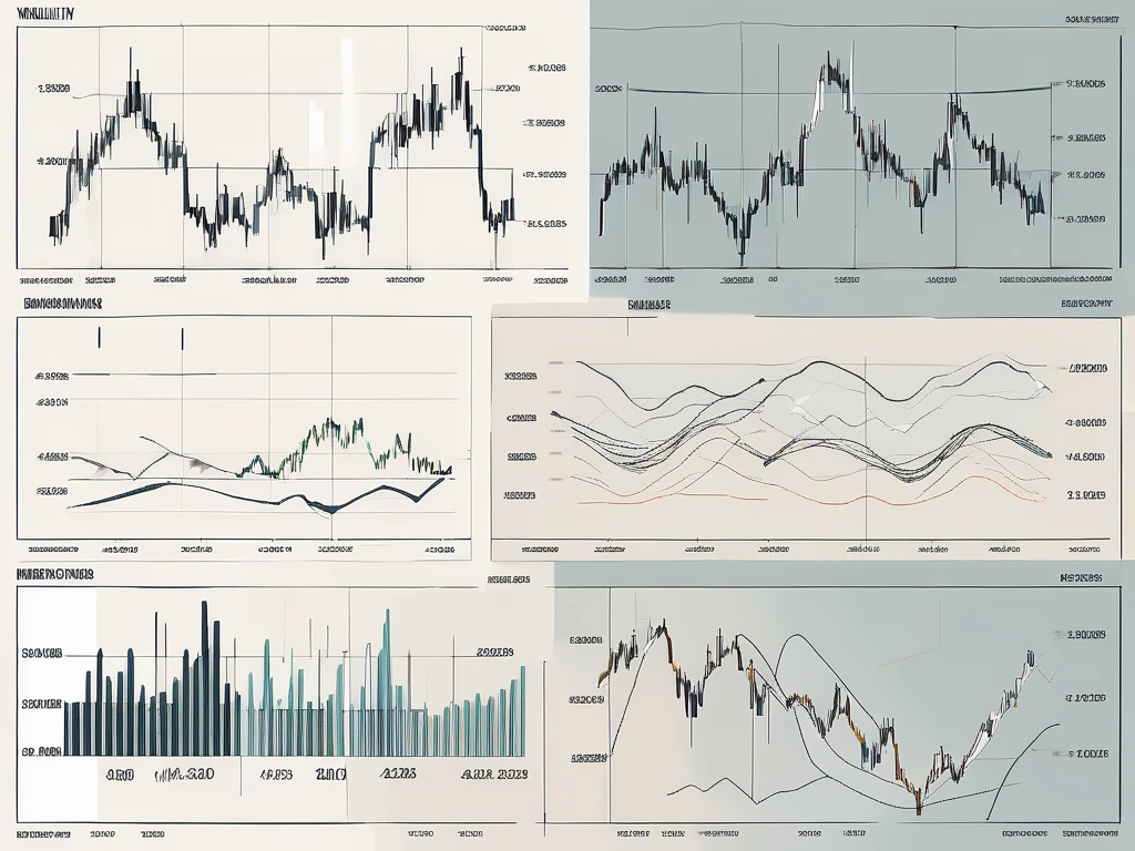 Varios gráficos financieros con líneas fluctuantes y diferentes indicadores de volatilidad como las bandas de Bollinger