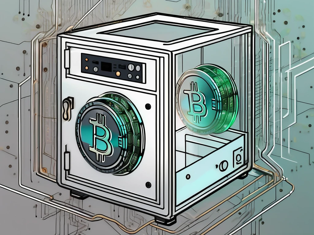 A transparent digital safe box with symbolic crypto coins inside