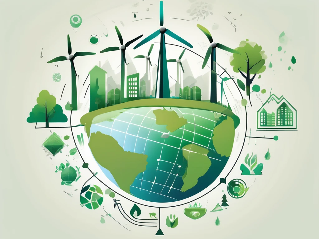 A globe surrounded by various sustainable and green symbols