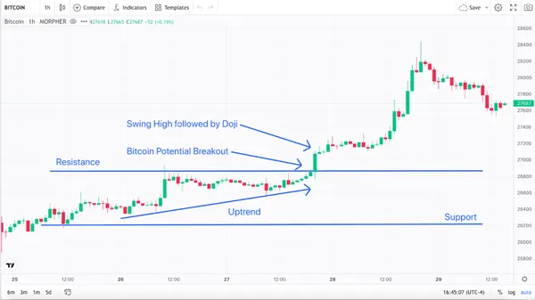 Trend, Resistance, Support, Breakout, and Swing High with Doji Bitcoin 1-Hour Chart (source: Morpher.com)