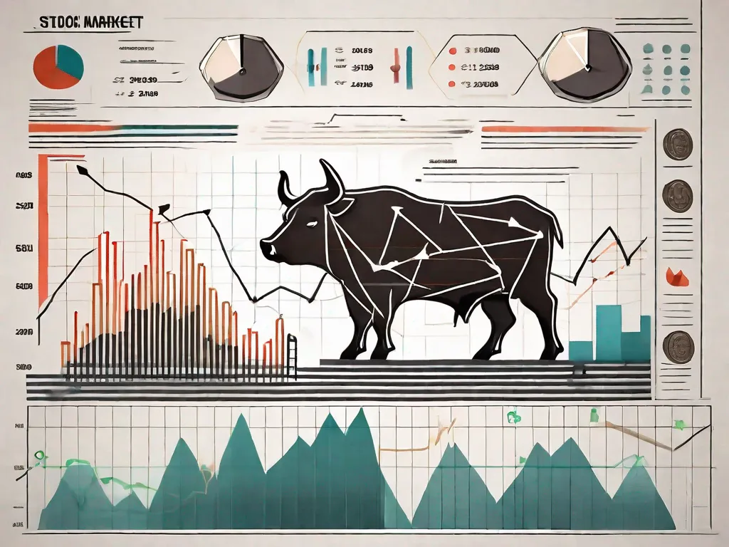 Un gráfico dinámico del mercado de valores con flechas y símbolos.