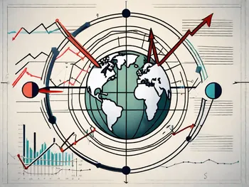 A dynamic stock market graph with arrows and symbols representing buying and selling