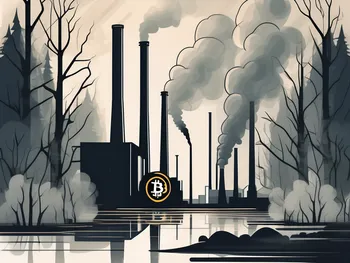 A bitcoin symbol inside a factory with smokestacks emitting dark smoke