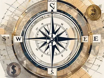 A compass navigating through a sea of various financial symbols such as currency