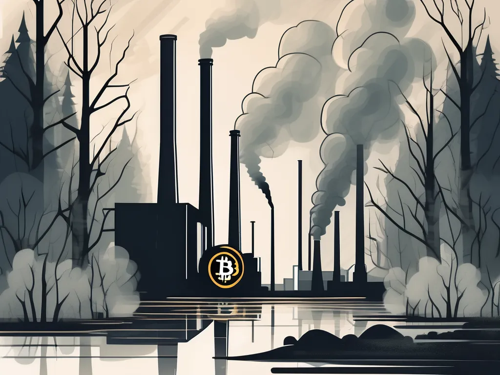 Ein Bitcoin-Symbol innerhalb einer Fabrik mit Rauchschwaden, die dunklen Rauch ausstoßen.