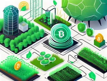 A lush digital farm with various futuristic farming tools and symbols representing cryptocurrencies