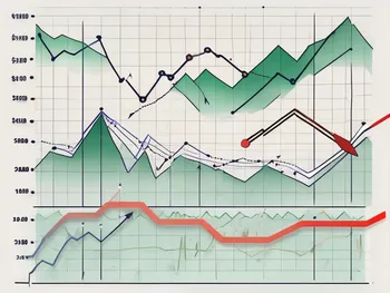 A dynamic stock market graph with arrows and symbols indicating the flow of money