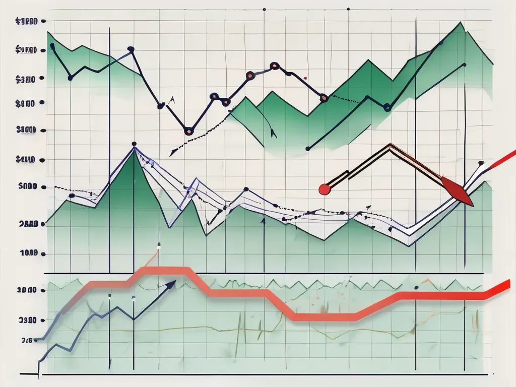 Un gráfico dinámico de la bolsa de valores con flechas y símbolos que indican el flujo de dinero.