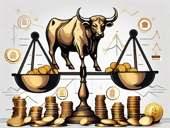 A balanced scale with gold coins on one side and a variety of financial market symbols like stocks