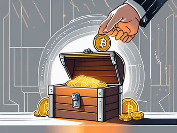 A bitcoin coin being placed into a slot of a glowing treasure chest