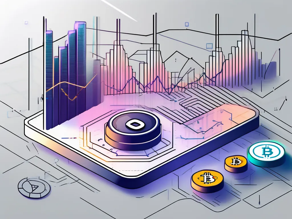 Une plateforme de trading numérique futuriste avec divers symboles de cryptomonnaies