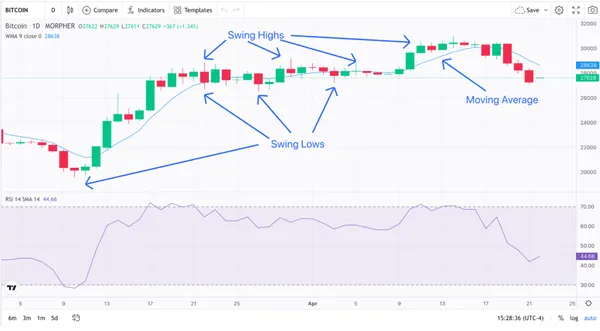 Swing Highs, Swing Lows, and Moving Average for Bitcoin 1-Day Chart (source: Morpher)