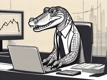 An alligator in a business suit analyzing graphs and charts on a computer screen