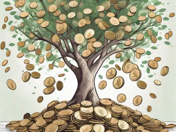 A pile of coins and banknotes transforming into a flourishing money tree