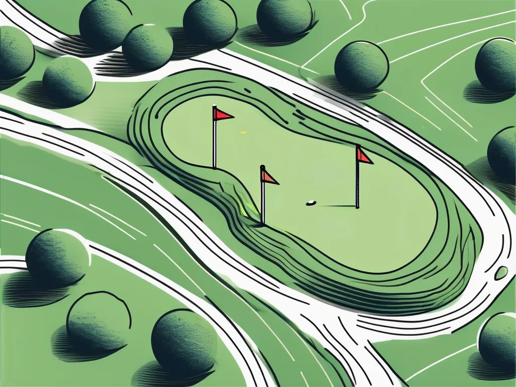 Un parcours de golf mettant en avant une trajectoire de balle suivant un motif de "bump and run" vers le trou