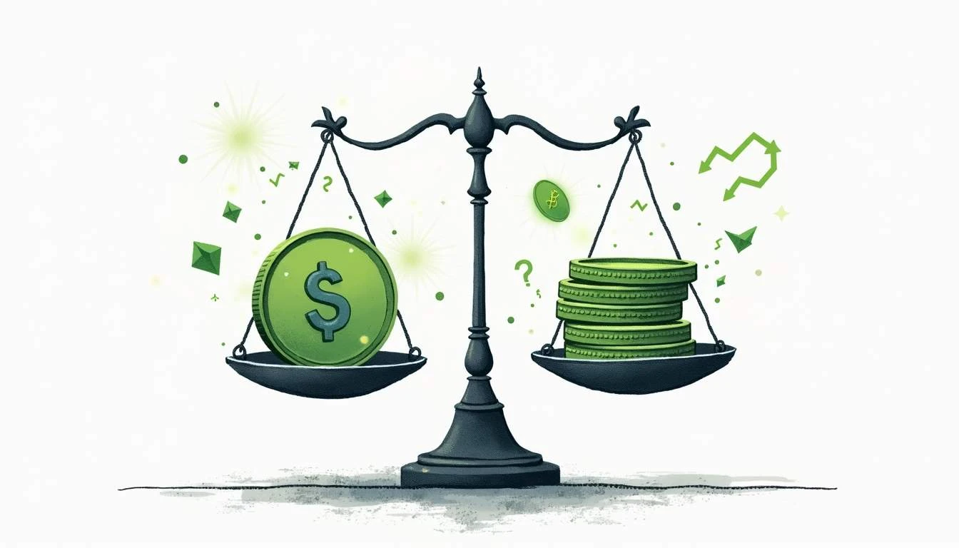 An abstract representation of a balance scale with one side depicting fluctuating digital currency symbols and the other side showing a stable