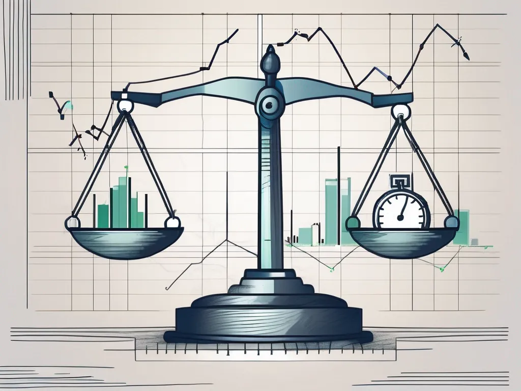 Une balance équilibrée avec des graphiques du marché boursier d'un côté et une jauge d'indice de l'autre