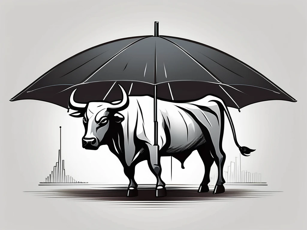 A bull (symbolizing the bullish market) sheltered under a large umbrella (representing the covered call)