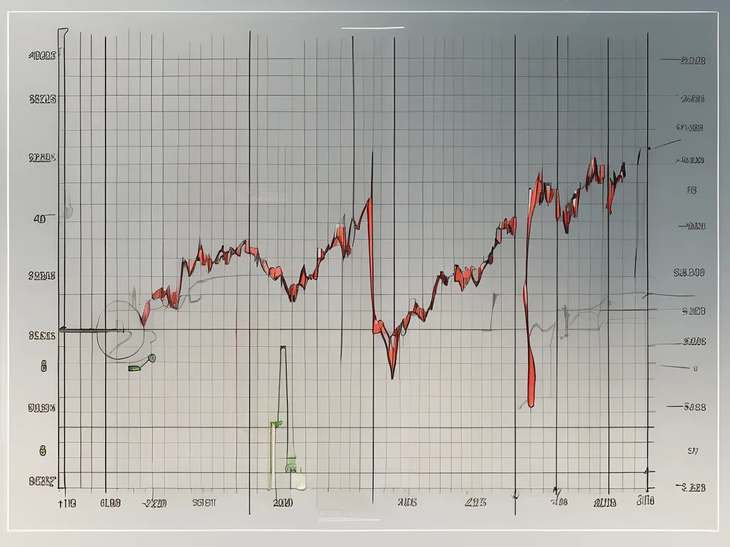 Un gráfico dinámico de acciones con áreas resaltadas que representan el indicador de perfil de volumen