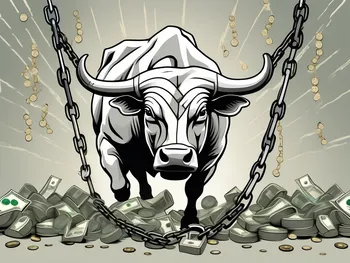 Un toro poderoso (símbolo del mercado de valores) rompiendo una barrera hecha de cadenas y candados (símbolo de limitaciones)