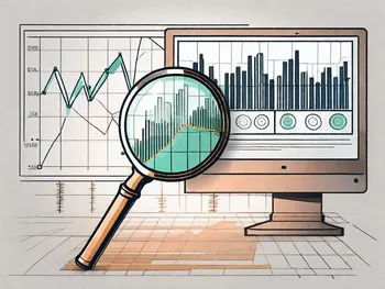 A magnifying glass amplifying a series of ascending bar graphs