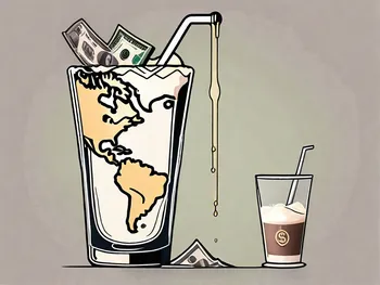 A global map with various international currencies being poured into a large milkshake glass