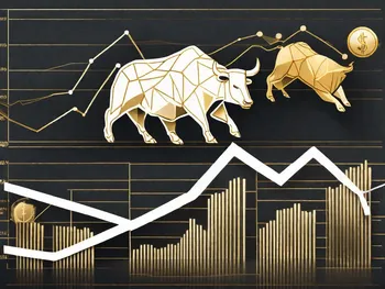 A dynamic market scene with various symbolic elements like a golden bull and bear