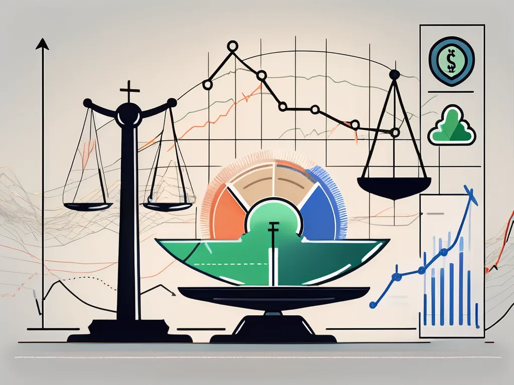 Una balanza equilibrada con varios símbolos financieros como monedas