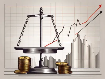 A balanced scale with a stack of coins on one side and a stock market graph on the other