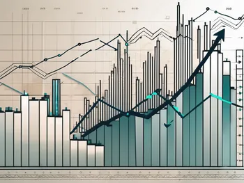 A stylized stock market graph with prominent upward and downward trends