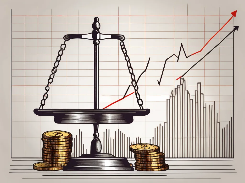 Une balance équilibrée avec une pile de pièces de monnaie d'un côté et un graphique de la bourse de l'autre