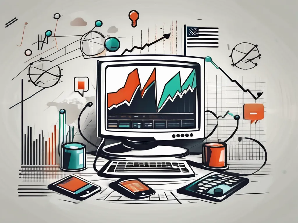 Un gráfico dinámico del mercado de valores con varios iconos de noticias (como un micrófono