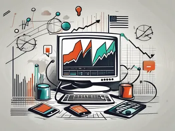 A dynamic stock market chart with various news icons (like a microphone