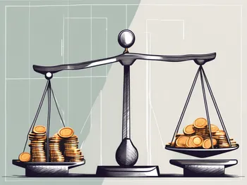 A balance scale with coins on one side representing investments and a graph on the other side showing steady growth