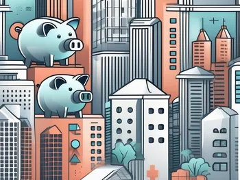 A futuristic cityscape where buildings are shaped like various banking icons